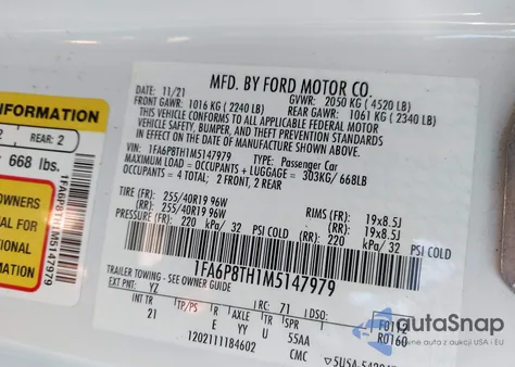 2021 Ford Mustang Ecoboost Fastback из США, поврежденный, VIN 1FA6P8TH1M5147979